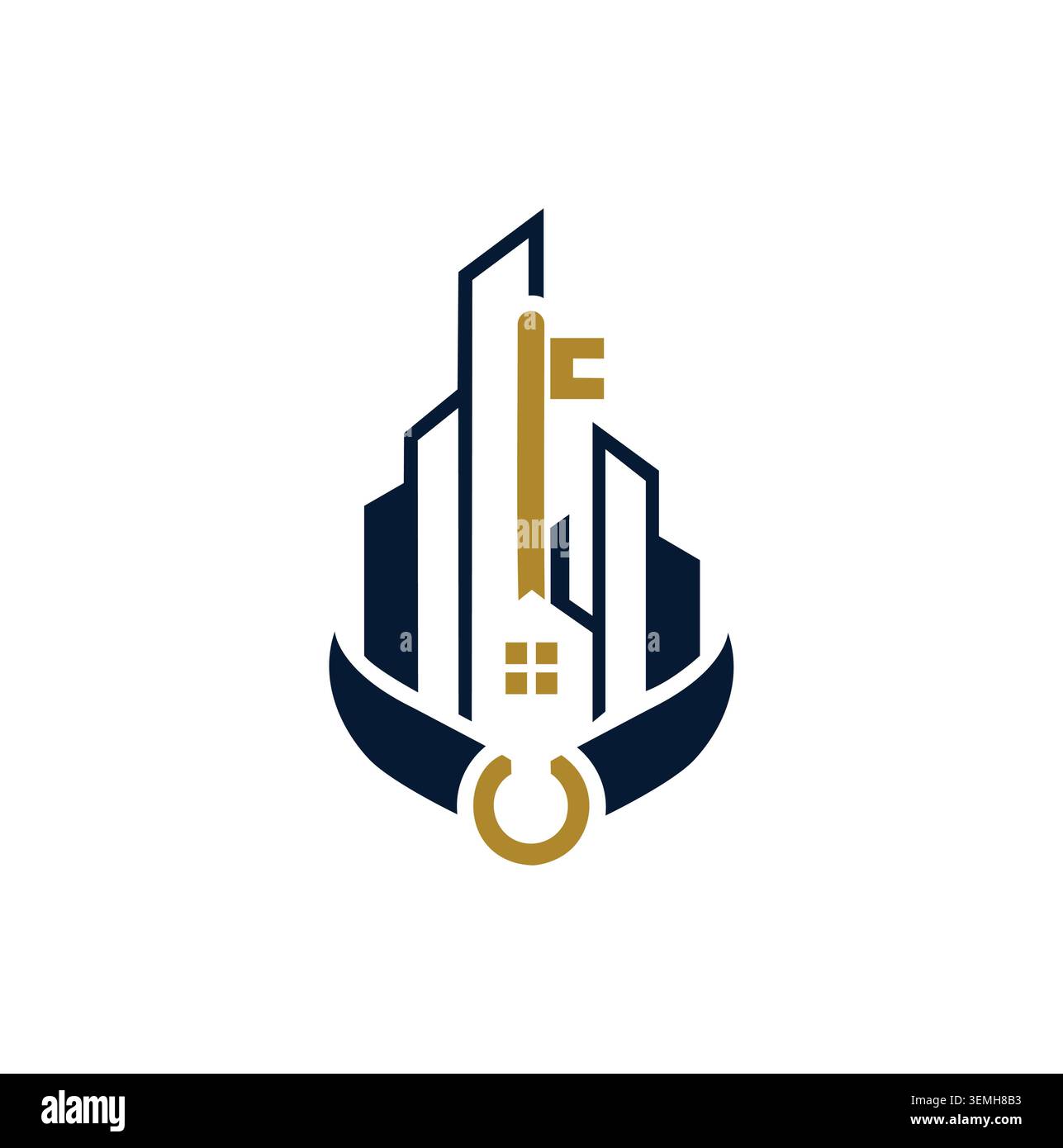 Logo professionale degli hotel con edifici cittadini e una forma chiave. Illustrazione Vettoriale