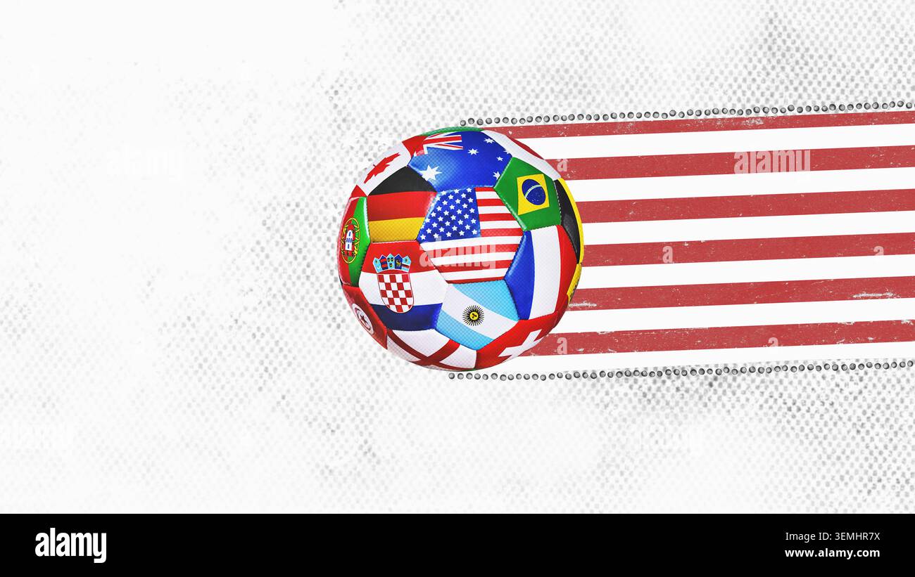 Un vero pallone da calcio ricco di dettagli, coperto da più bandiere nazionali che simboleggiano un torneo internazionale di calcio, Urban Flat Design Art. Foto Stock
