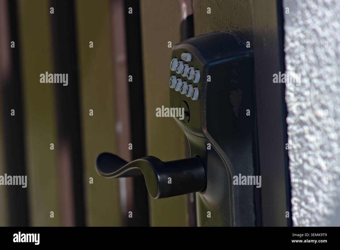 Primo piano del blocco di accesso alla tastiera residenziale installato sulla porta esterna di Corona, California, che rappresenta il moderno controllo dell'accesso alla casa e il quartiere Foto Stock