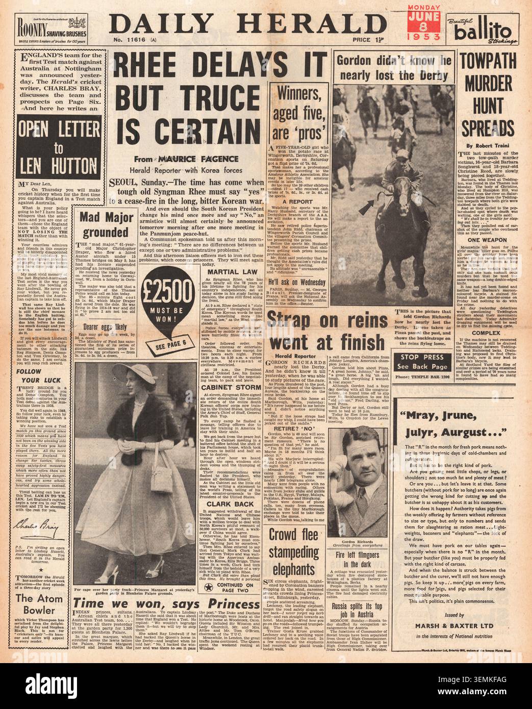 1953 la prima pagina del Daily Herald Gordon Richards e Pinza vincono gli omicidi di Derby e Towpath Foto Stock