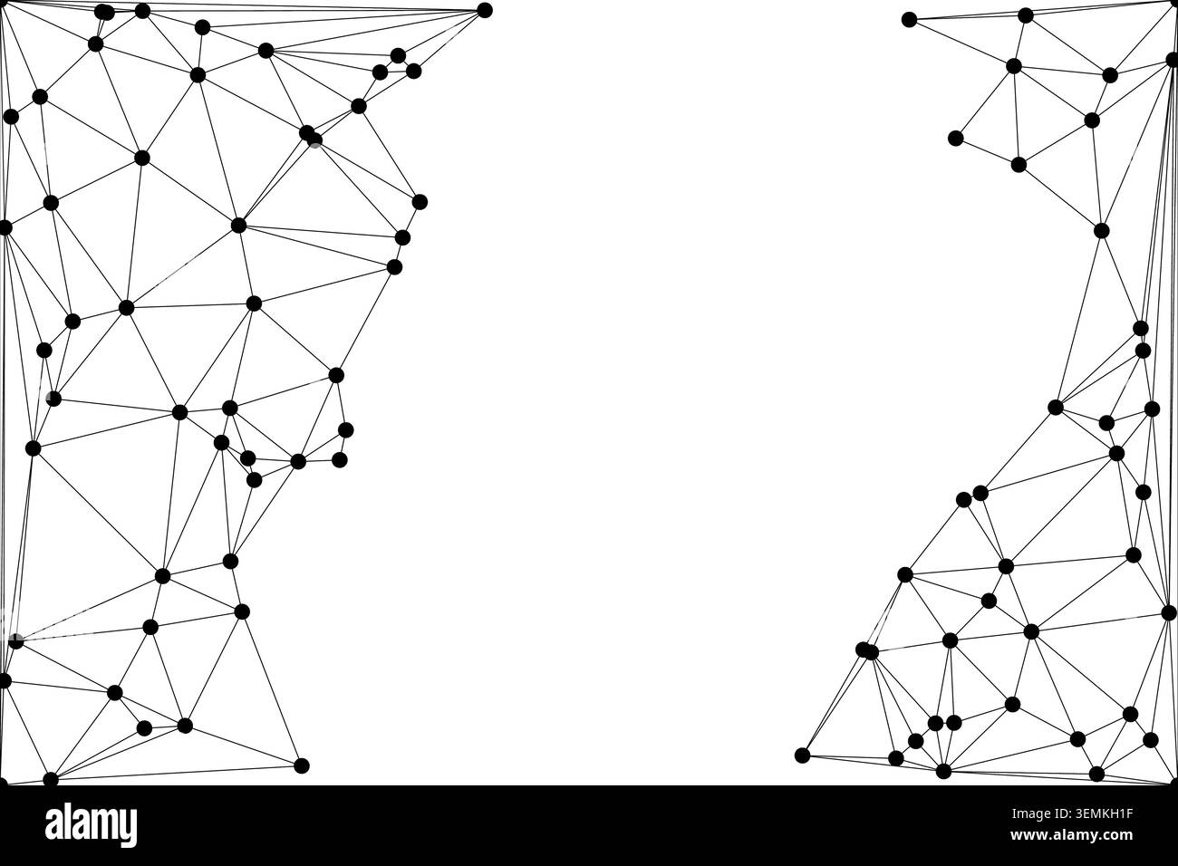 Rete geometrica astratta divisa. Illustra due sistemi interconnessi distinti su sfondo bianco. Rappresenta due reti o una stazione dati separata Illustrazione Vettoriale