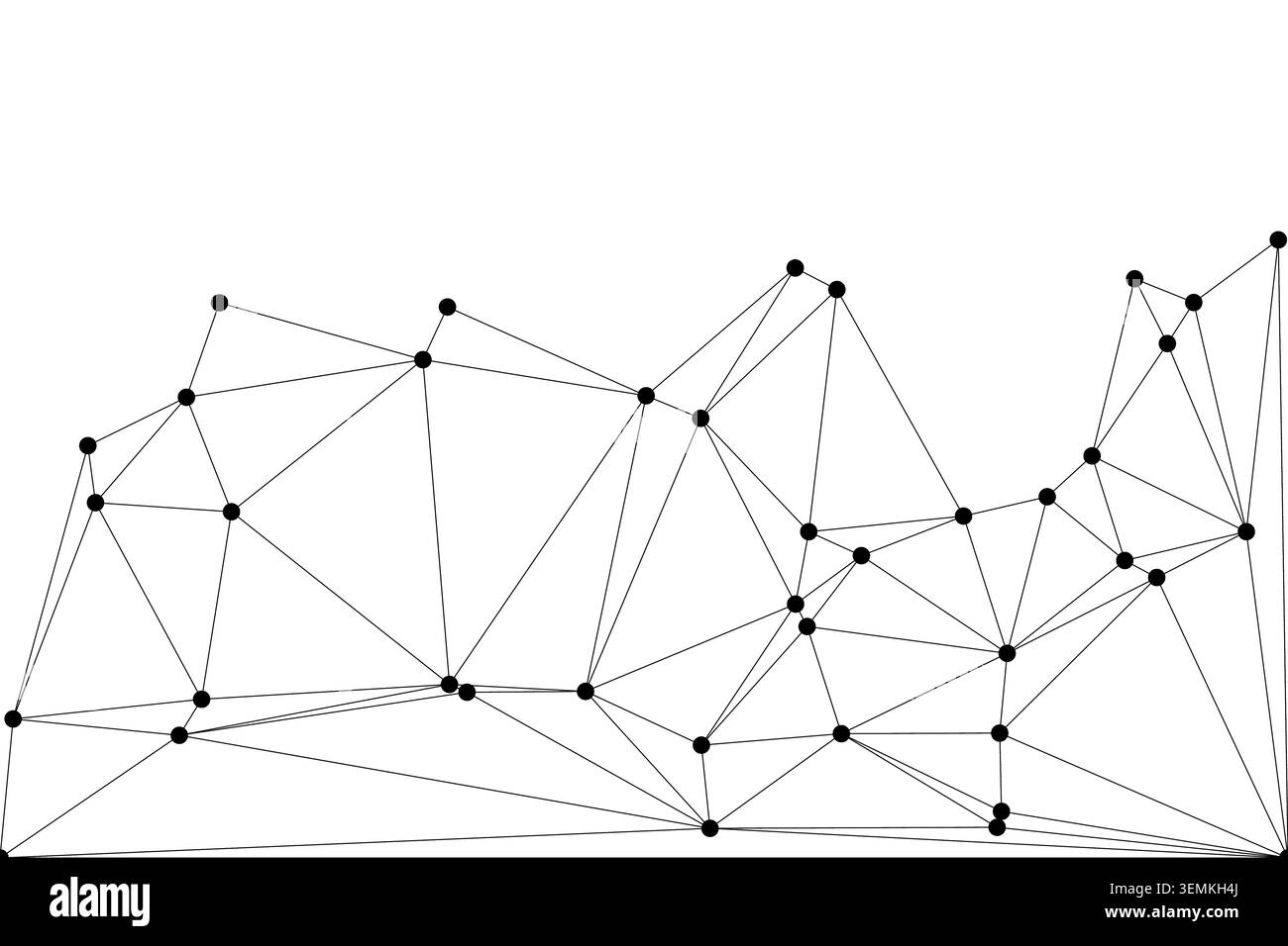 Illustrazione geometrica in bianco e nero che mostra una rete irregolare di nodi e linee di connessione. Simbolo della ricerca scientifica, legame molecolare, AN Illustrazione Vettoriale