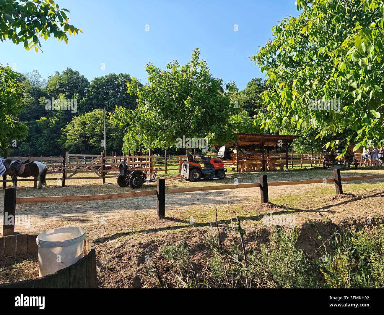 Serbia Valjevo 06.06.2026 Sunny Rural Riding Arena alberi tranquilli Foto Stock