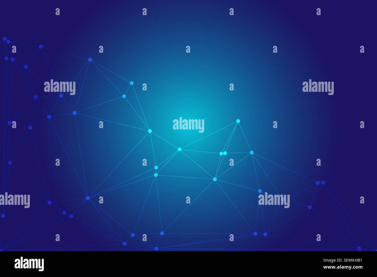 Sfondo digitale dinamico caratterizzato da un bagliore centrale luminoso e nodi geometrici dispersi. Layout tecnico minimalista con sottili linee interconnesse. Illustrazione Vettoriale