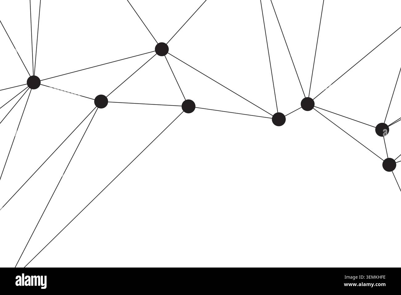 Modello di rete astratto formato da punti e linee nere. Design geometrico su spazio bianco. Concetto di connessione, tecnologia e trasferimento dati. Illustrazione Vettoriale
