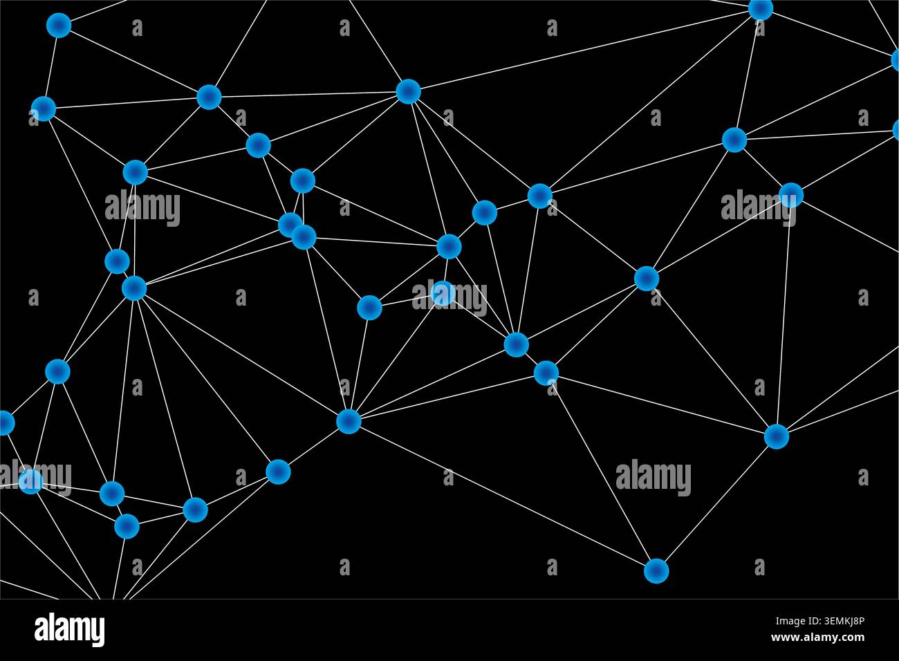 Sfondo scuro ad alta tecnologia con punti blu luminosi e struttura a reticolo. Descrizione astratta dell'analisi dei big data e delle violazioni delle comunicazioni globali Illustrazione Vettoriale