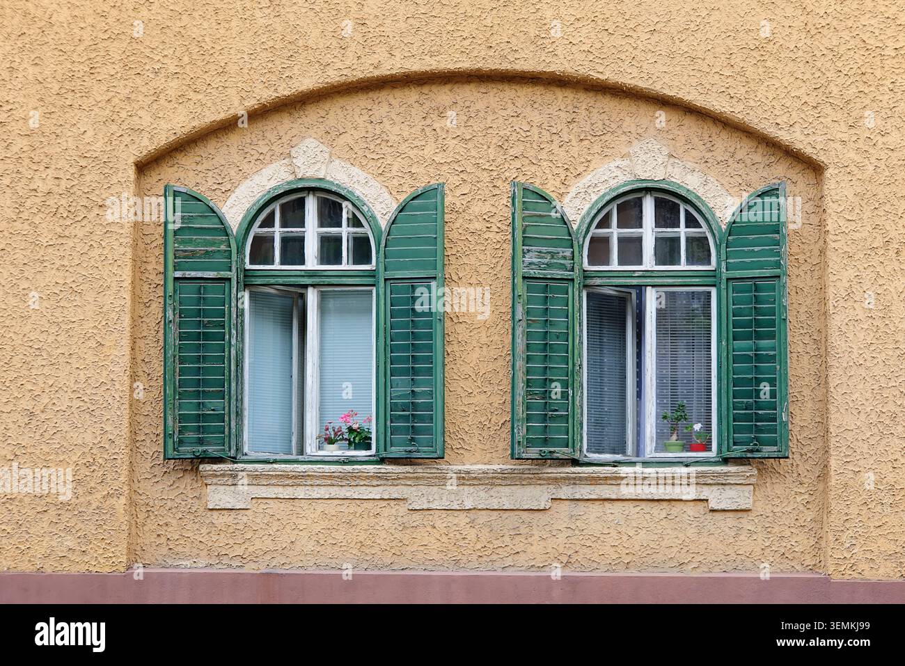 Due finestre con persiane verdi in legno in nicchia Foto Stock