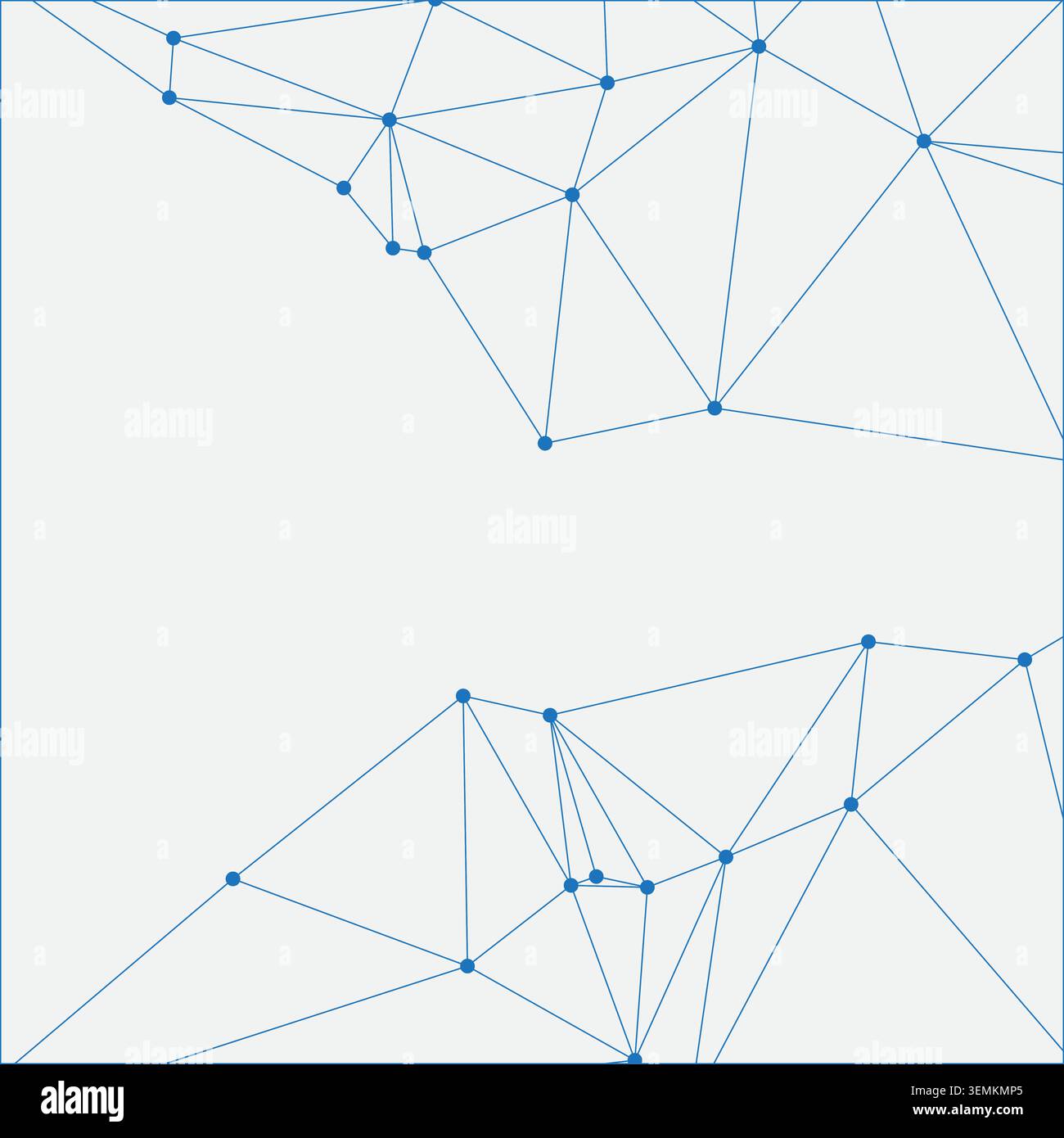 Composizione divisa con due distinti gruppi di punti e linee blu collegati. Estetica minimalista pulita che rappresenta il cloud computing e globale Illustrazione Vettoriale