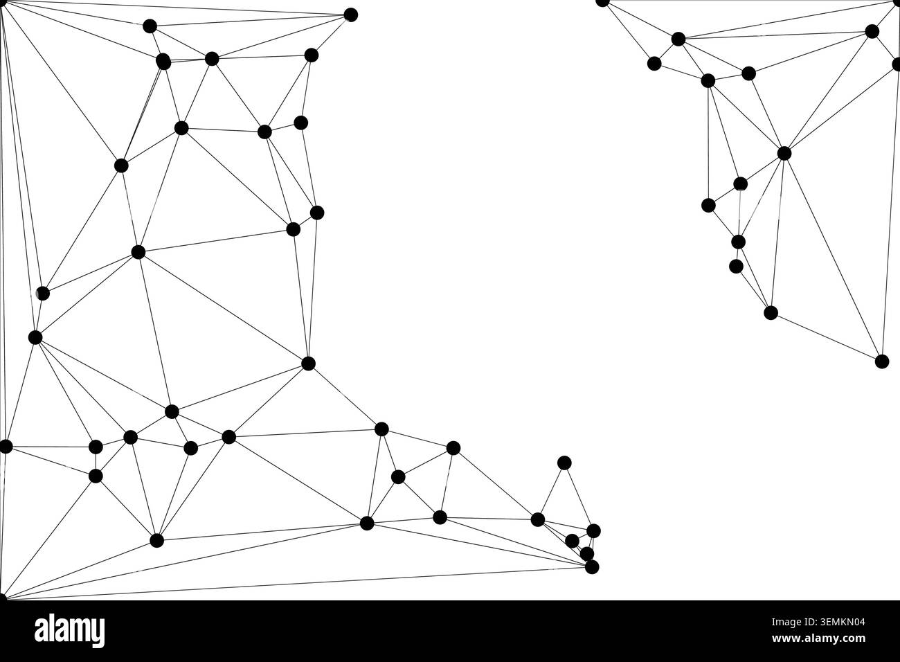 Sfondo bianco astratto con un'ampia rete di linee nere e punti di collegamento, posizionati su due lati, che rappresentano la comunicazione digitale e tec Illustrazione Vettoriale