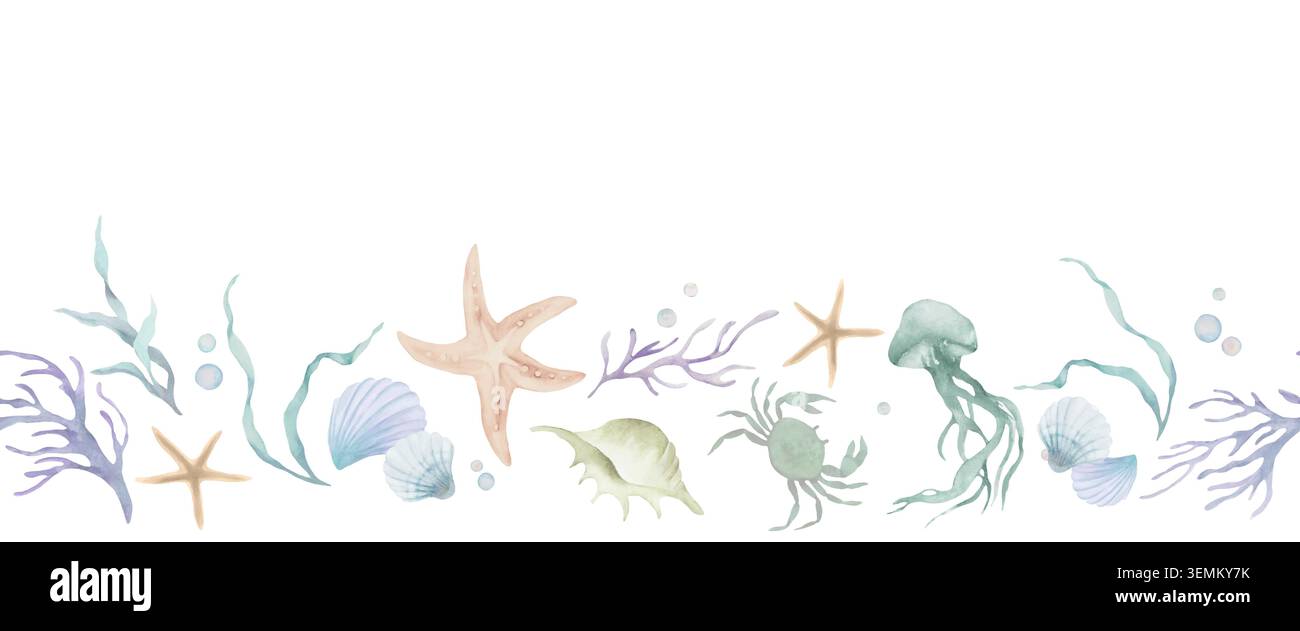 Acquerello marino bordo senza cuciture, vita subacquea dell'oceano ripetizione con meduse, granchi, stelle marine, conchiglia, alghe marine, clipart corallino. EPS vettoriale. Illustrazione Vettoriale