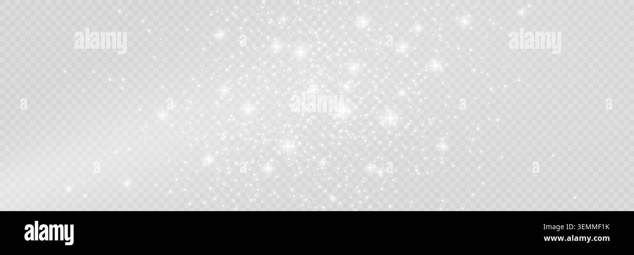 Sfondo glitter argento con stelle scintillanti. Particelle luminose su sfondo trasparente. Elegante rivestimento luccicante per le feste. Inverno di lusso Illustrazione Vettoriale