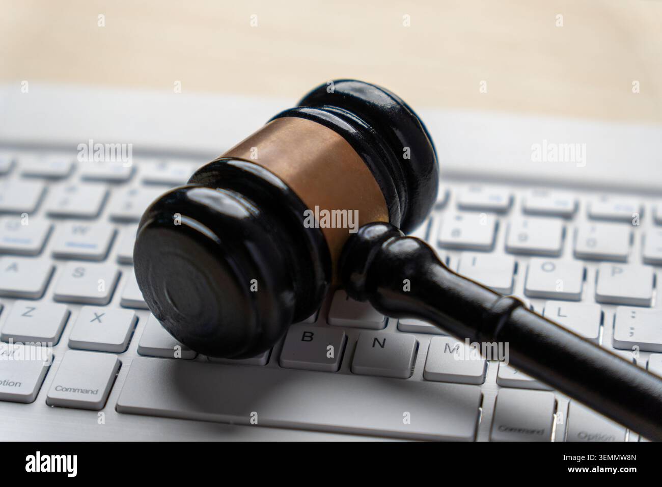 Primo piano di un martelletto di legno nero e di una tastiera bianca per computer. Cyber law, normative sulla privacy digitale, criminalità su Internet e conformità all'e-commerce Foto Stock