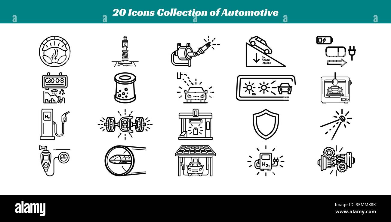 Un set di 20 icone vettoriali chiare e semplici che rappresentano strumenti automobilistici essenziali, controlli e simboli di sicurezza per veicoli e meccanici. Illustrazione Vettoriale