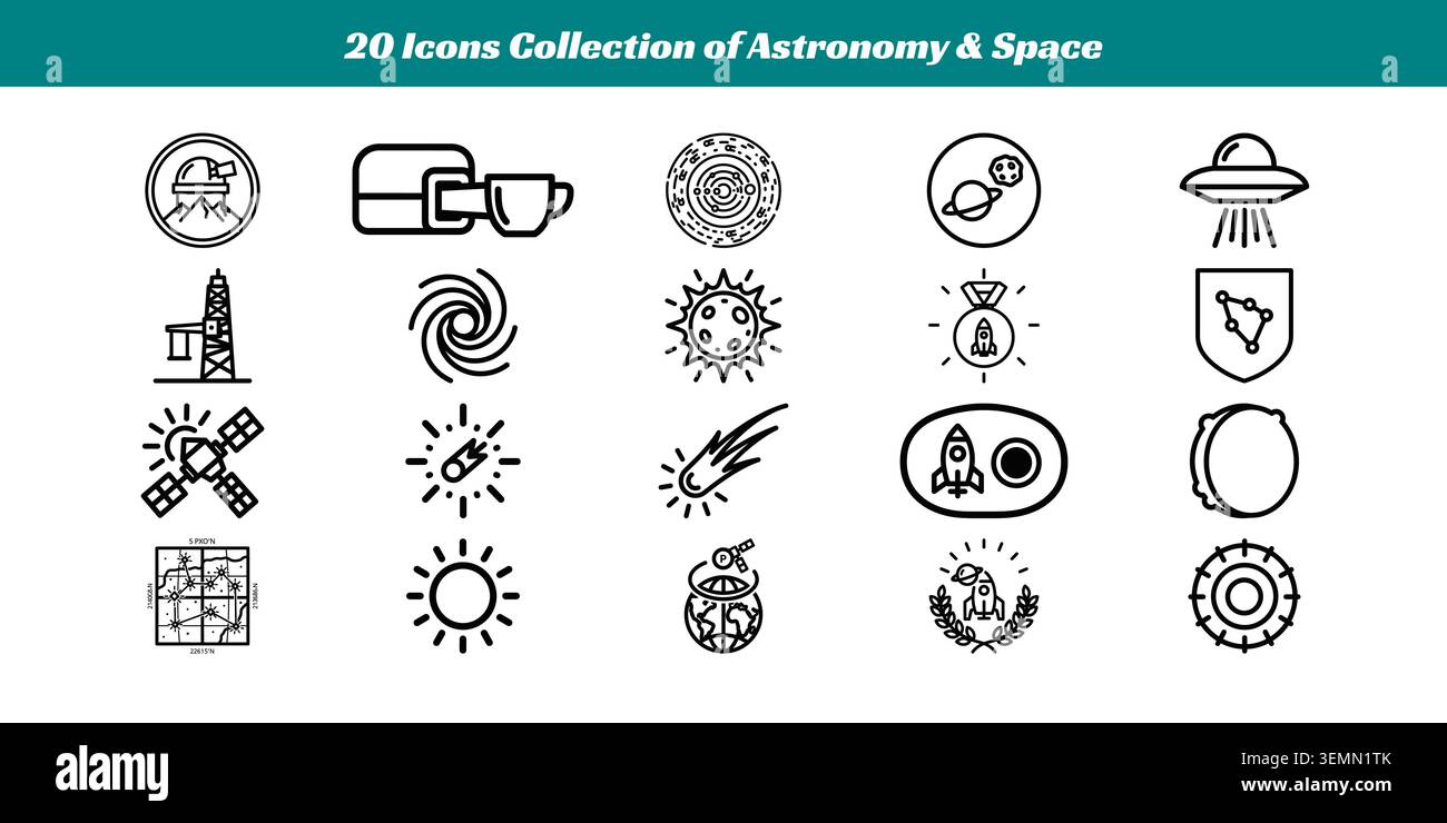 Una serie di 20 icone minimaliste e pulite disegnate in linea che rappresentano vari elementi astronomici e spaziali come pianeti, telescopi, razzi e molto altro ancora. Illustrazione Vettoriale
