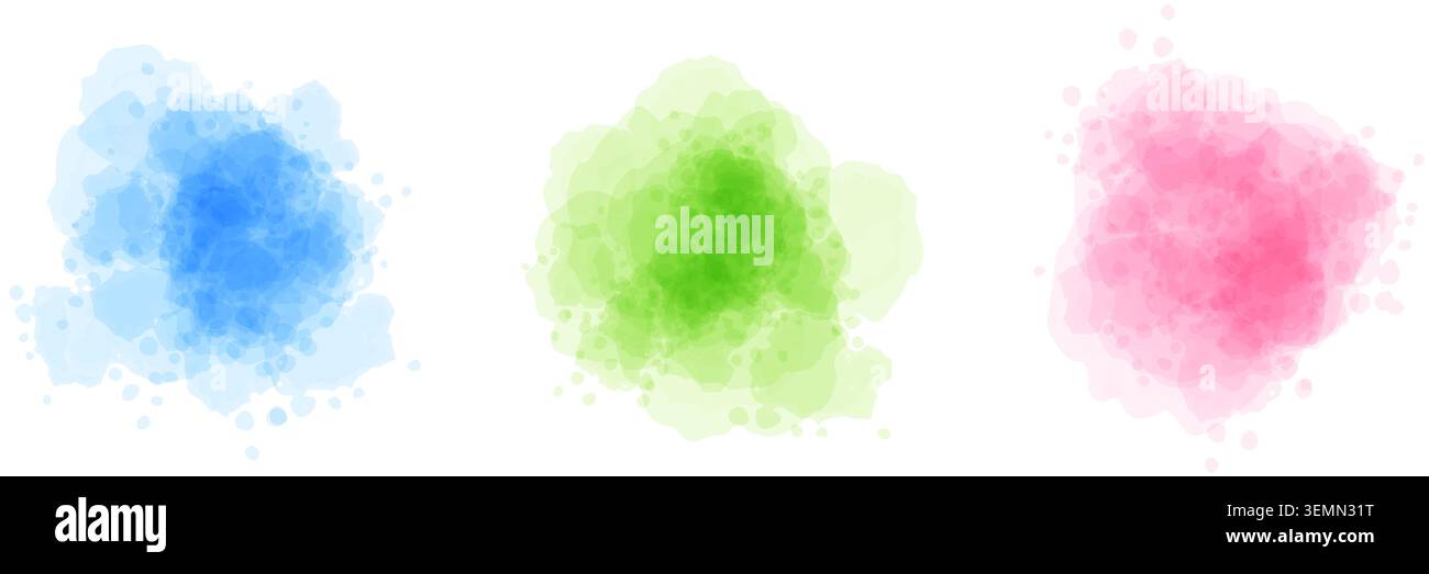 Set di faretti ad acquerello blu/verde/rosa. Effetti spruzzi di texture acquerello liquida. Inchiostro rotondo pastello o elementi a forma di pennello. Spruzzi di colore morbido e umido, macchie, gocce. Vettore Illustrazione Vettoriale