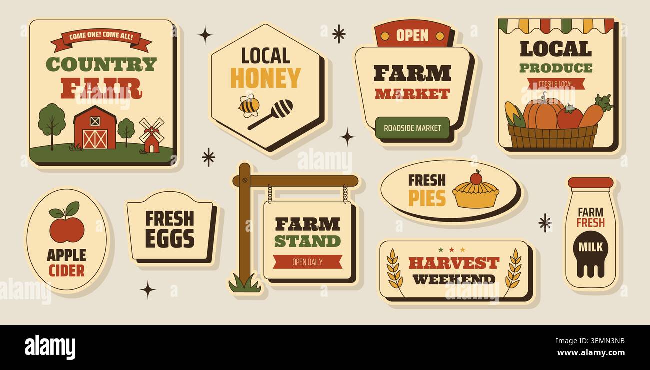Set di adesivi retro per il mercato agricolo con fiera campestre, stand dell'azienda agricola, prodotti locali, sidro di mele, uova fresche, latte, torte e segnaletica stradale in stile americano vintage della metà del secolo '50. Illustrazione vettoriale Illustrazione Vettoriale
