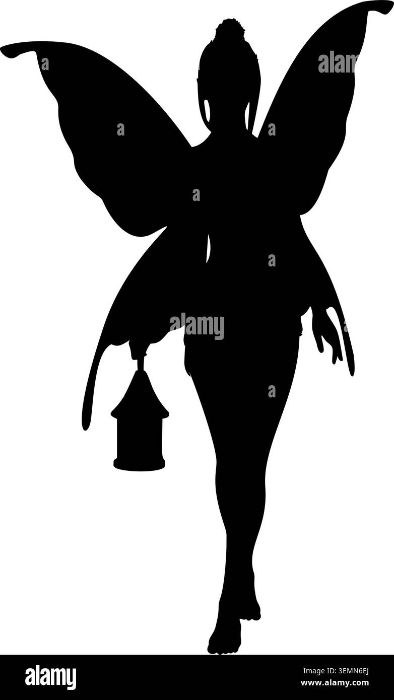 Silhouette dettagliata di una fata con grandi ali che reggono una lanterna su uno sfondo isolato. Ideale per design a tema fantasy, narrazione o d Illustrazione Vettoriale