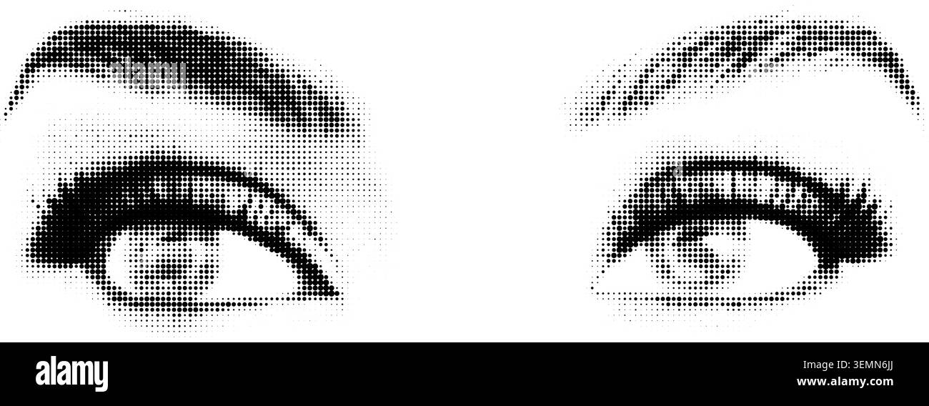 Rendering a mezzitoni con dettagli elevati di due occhi aperti con Iris visibili, pupille e ciglia spettacolari. Ideale per editoriali, cosmetici o retrò col Illustrazione Vettoriale
