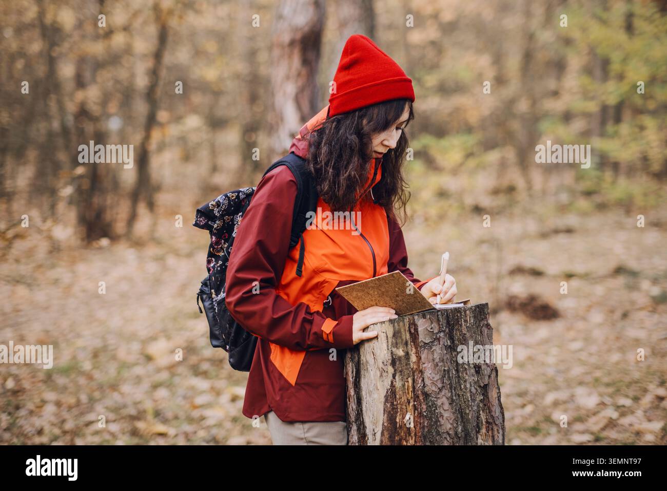 Una donna si trova nella foresta autunnale mentre scrive su un ceppo d'albero. Monitoraggio delle risorse biologiche, gestione sostenibile delle foreste, ecologia Foto Stock