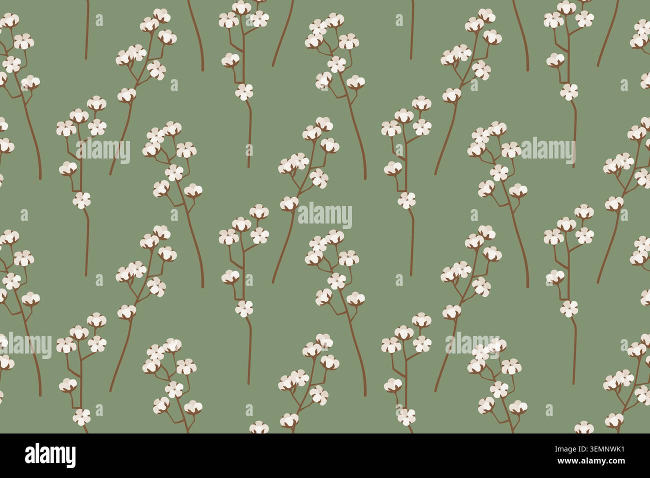 Motivo senza cuciture con delicati rami di fiori di cotone su sfondo verde tenue. Illustrazione vettoriale. Illustrazione Vettoriale