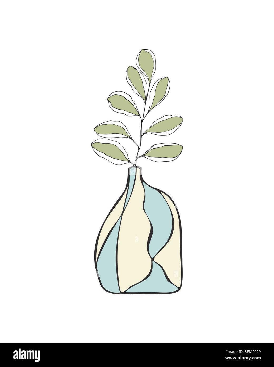 Illustrazione minimalista di un ramo verde in ceramica organica astratta per manifesti di arredamento moderno e design estetico degli interni Illustrazione Vettoriale