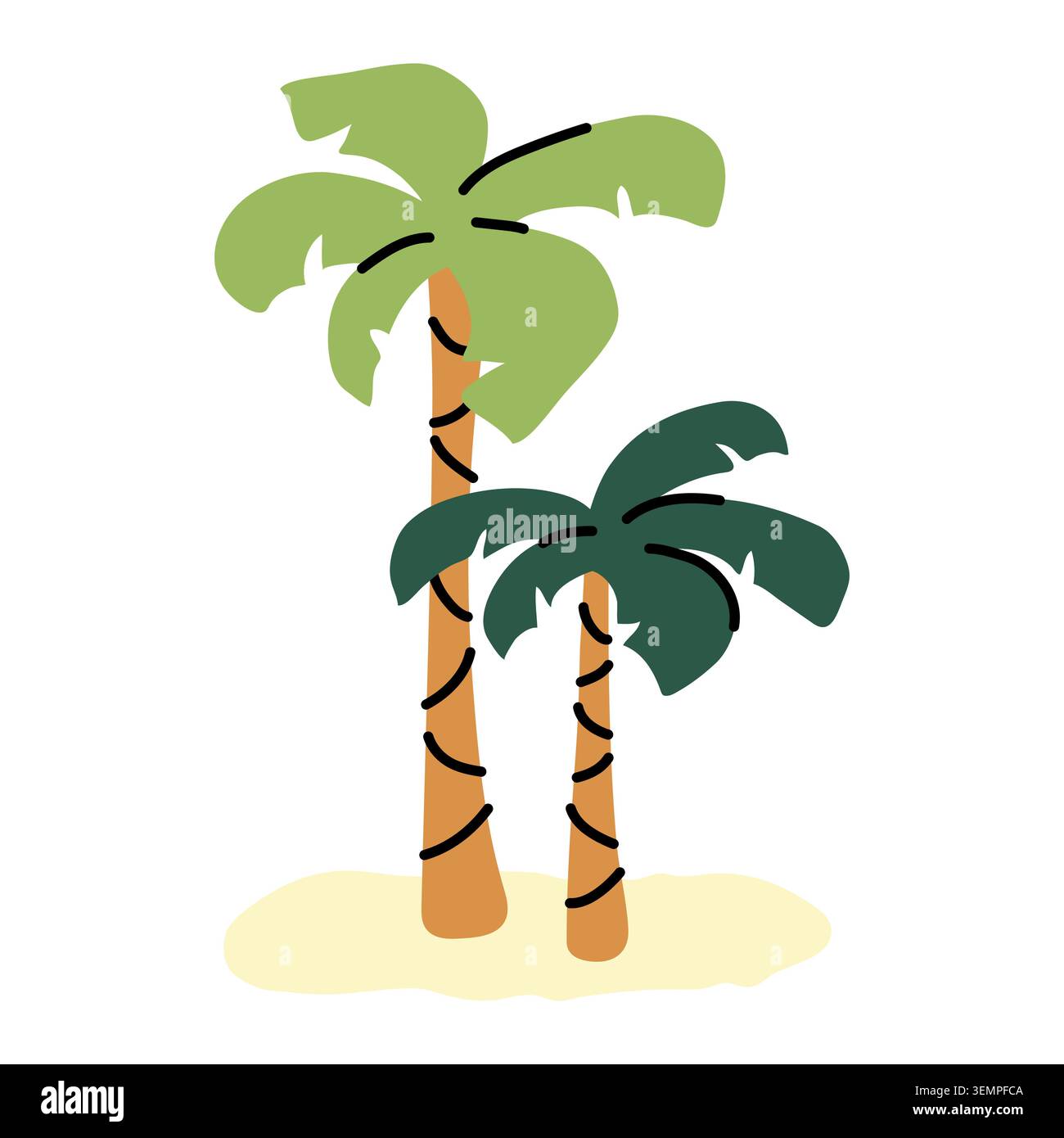 Illustrazione vettoriale palme su sfondo bianco. Due palme tropicali su un'isola di sabbia per una spiaggia estiva, vacanze esotiche, vacanze, resort paradisiaco Illustrazione Vettoriale