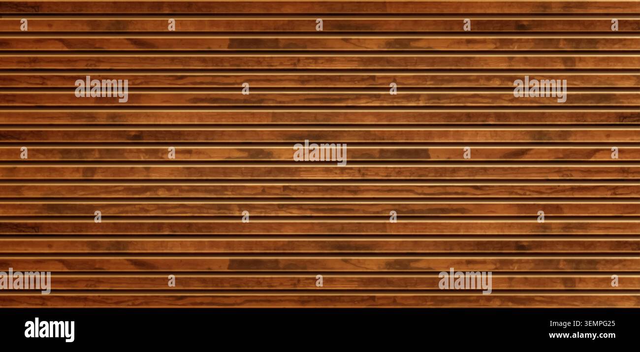 Tavole di legno, pannello a parete orizzontale senza cuciture con trama a grana naturale. Sfondo vettoriale realistico, pavimento in legno con legno marrone, vista dall'alto, progetti di interior design retrò, sfondo rustico Illustrazione Vettoriale