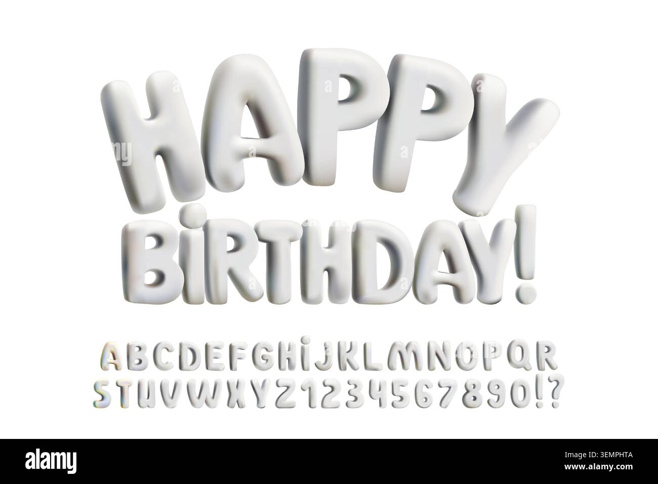 Font argento gonfiato in 3D, lettere olografiche in metallo a bolla, numeri palloncini in lamina. Tipografia cromata lucida iridescente, forme morbide e rotonde. Divertimento festivo Illustrazione Vettoriale
