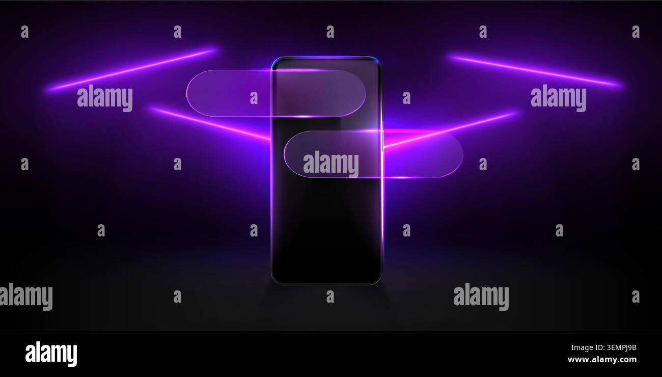 Smartphone moderno e messaggi in vetro morfismo su sfondo nero con luci viola al neon. Illustrazione vettoriale realistica di gadget mockup con schermo vuoto, interfaccia chat, design di app Messenger Illustrazione Vettoriale