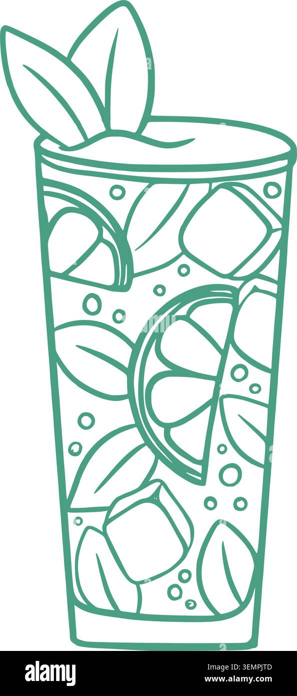 Bevanda fredda estiva con foglie di menta, spicchi di lime e soda Illustrazione Vettoriale