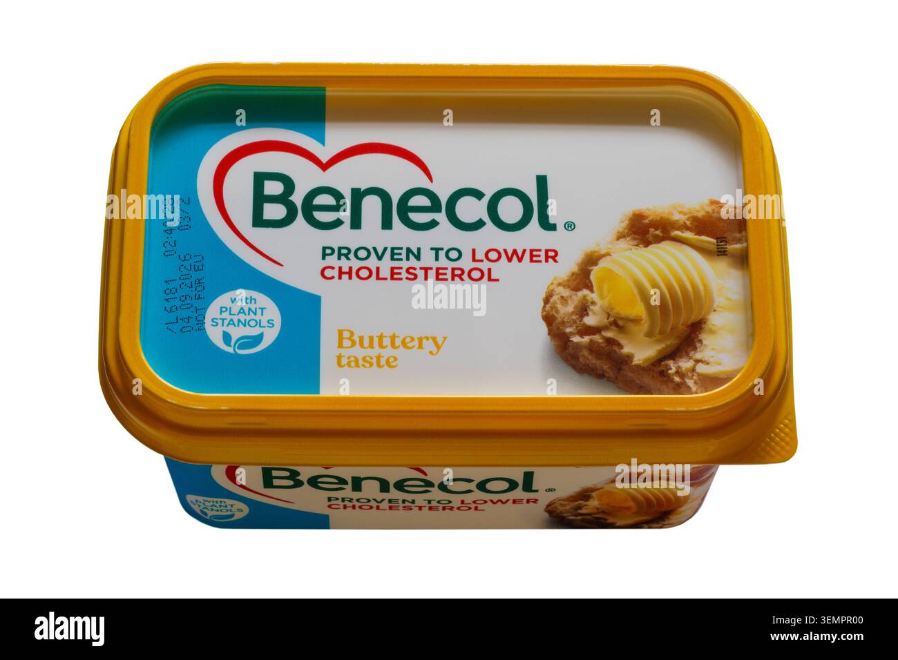 Vasca di Benecol Buttery Taste spread dimostrata per abbassare il colesterolo con stanoli vegetali isolati su sfondo bianco Foto Stock