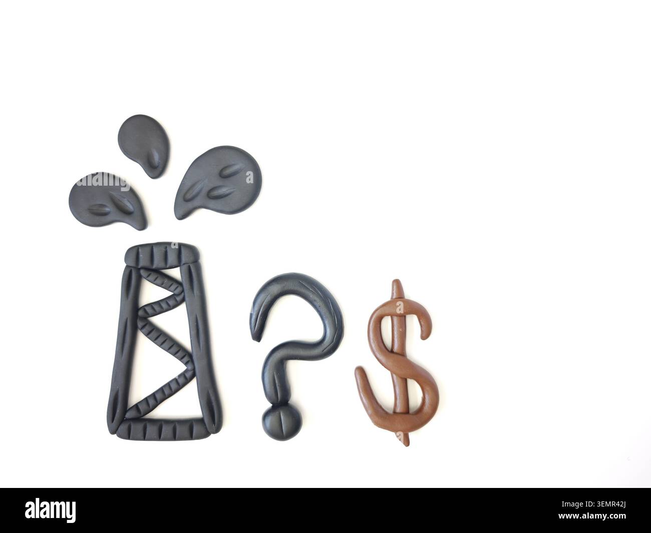 Una piattaforma petrolifera è rappresentata con simboli di incertezza dei prezzi e di impatto economico, evidenziando i problemi del mercato petrolifero e dell'economia globale. Foto Stock