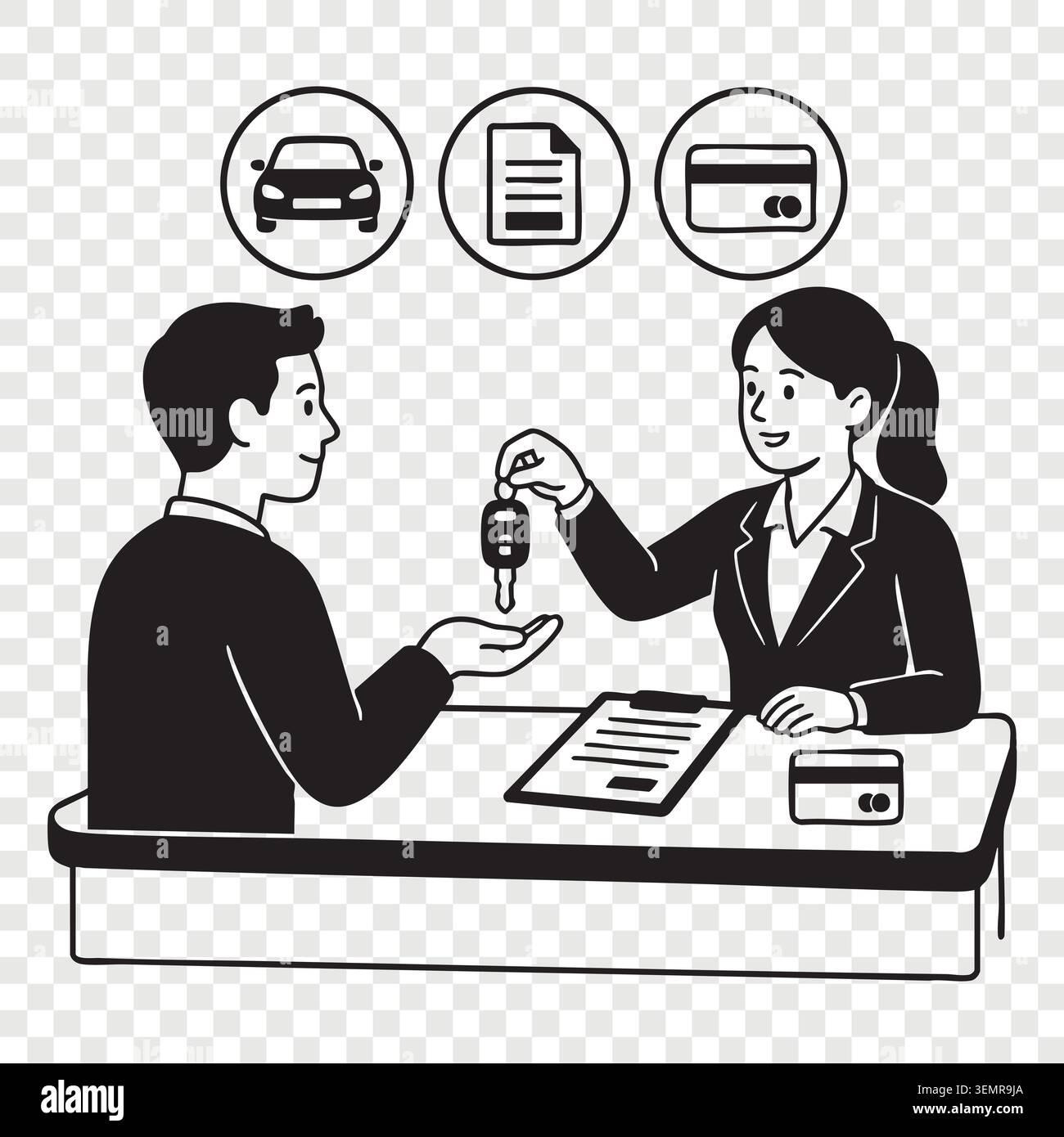 Firma del contratto di noleggio auto da parte del cliente con l'agente Illustrazione Vettoriale