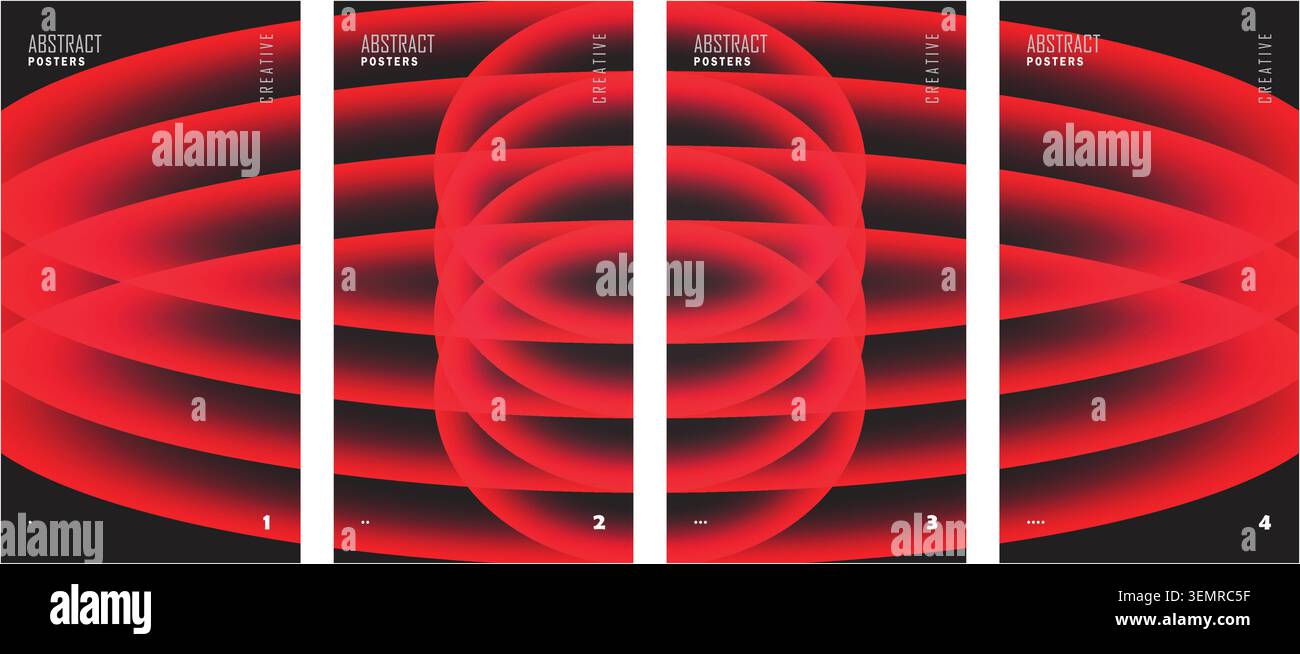 Set di modelli astratti per poster futuristici con anelli ovali luminosi rossi al neon sul nero. Illustrazione Vettoriale