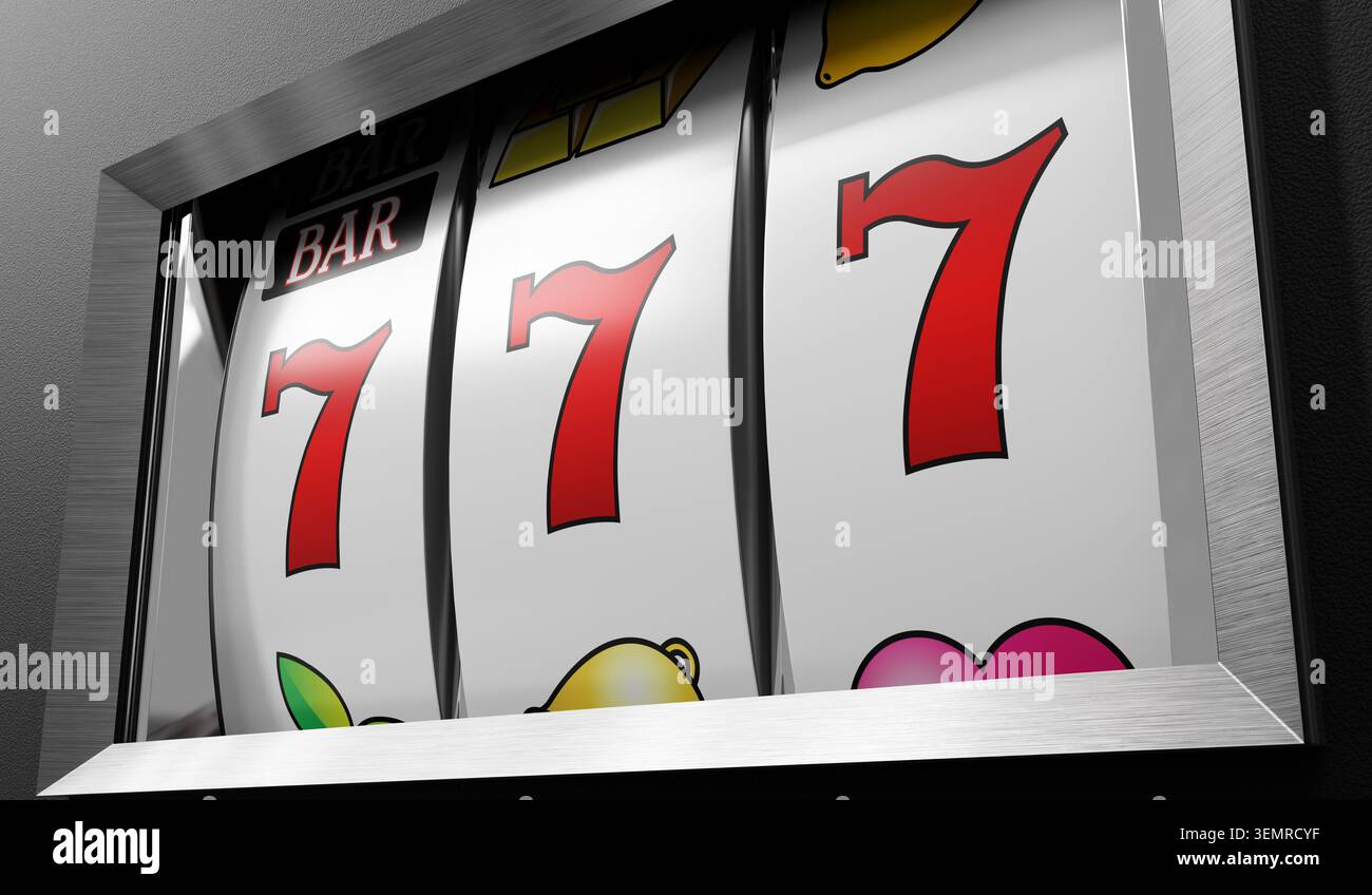 Casino Slots Machine che mostra sette, jackpot - illustrazione 3d. Foto Stock