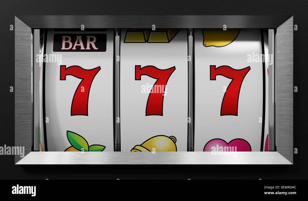 Casino Slots Machine che mostra sette, jackpot - illustrazione 3d. Foto Stock