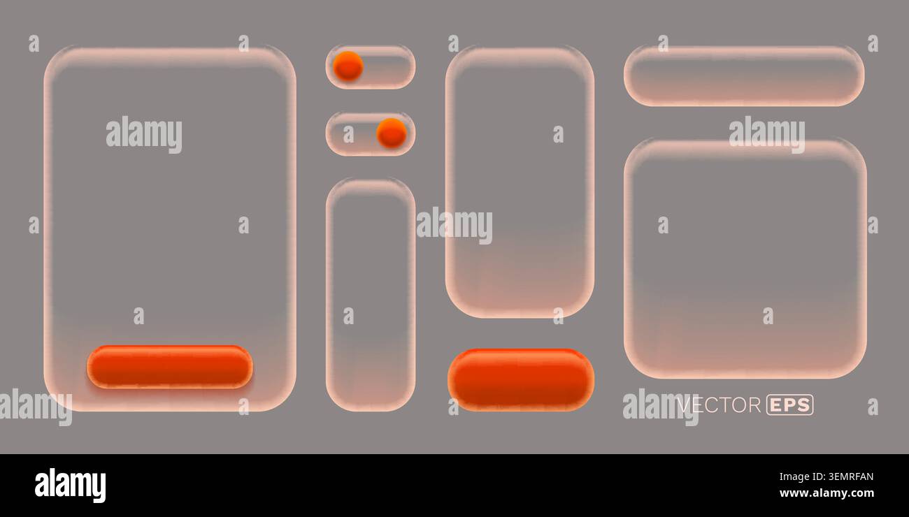 Set di elementi dell'interfaccia utente in vetro con cornici traslucide e pulsanti arancioni. Questo è un kit dal design moderno. Illustrazione vettoriale. Illustrazione Vettoriale