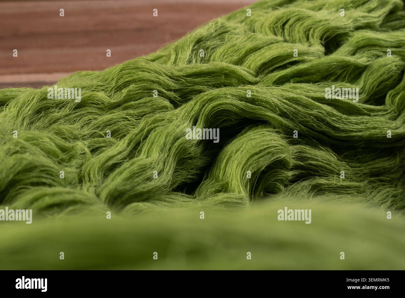 Primo piano di filati di cotone tinti verdi che mostrano una ricca texture di fibre e colori vivaci, evidenziano la maestria tessile, la preparazione del filato e il materiale sostenibile utilizzato nella tessitura e nella produzione di tessuti. Foto Stock