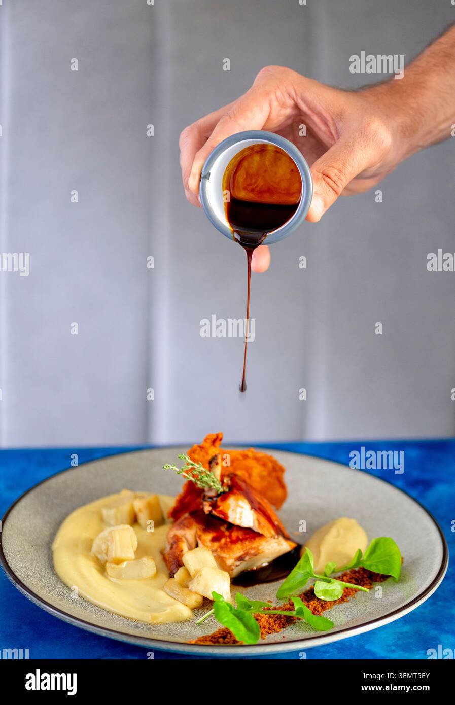 Piatto gourmet deliziosamente placcato con salsa ricca sul pollo tenero Foto Stock