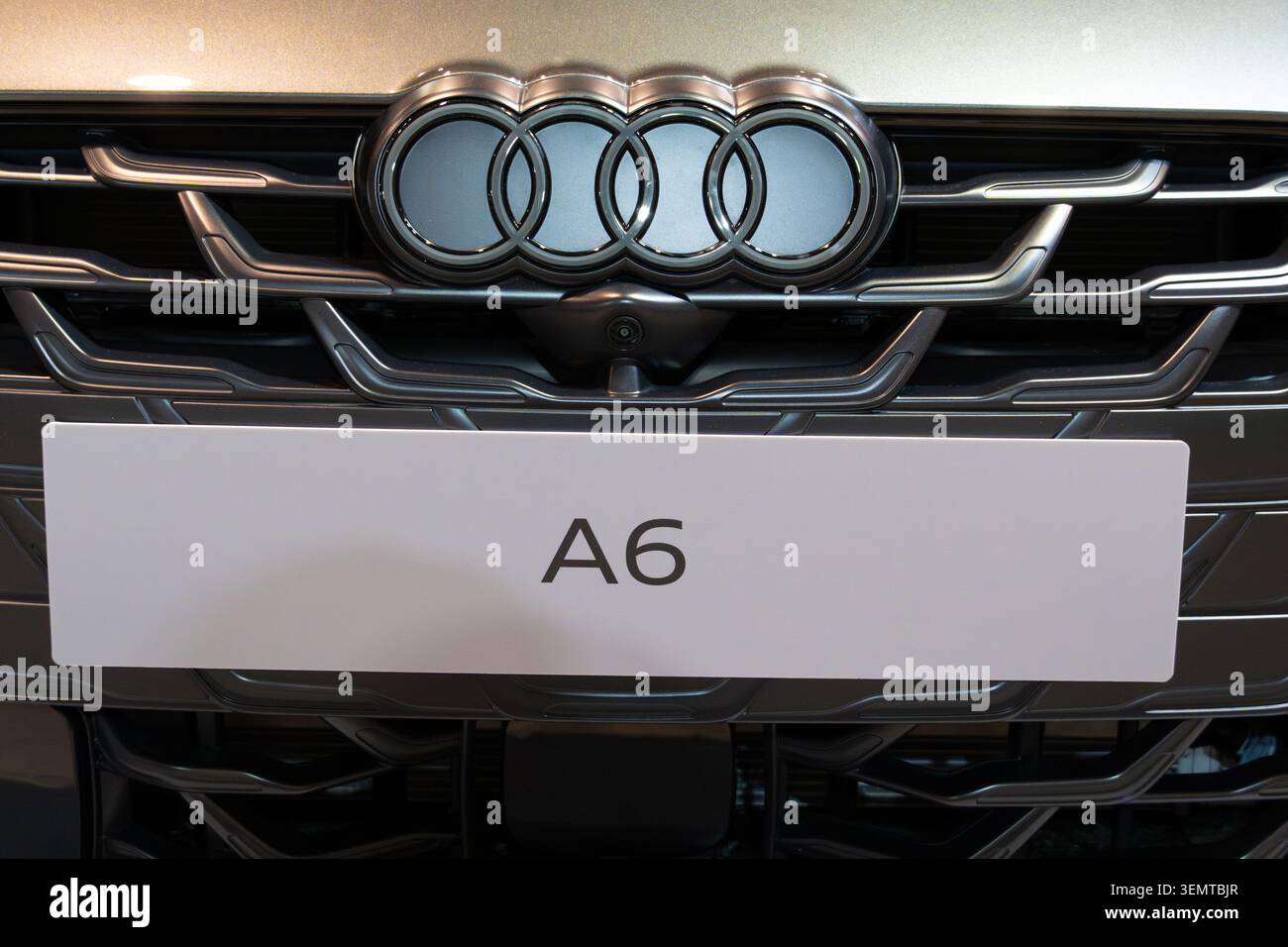 Primo piano della calandra e logo quattro anelli cromati anteriori Audi A6 all'ECAR Show 2026 Foto Stock