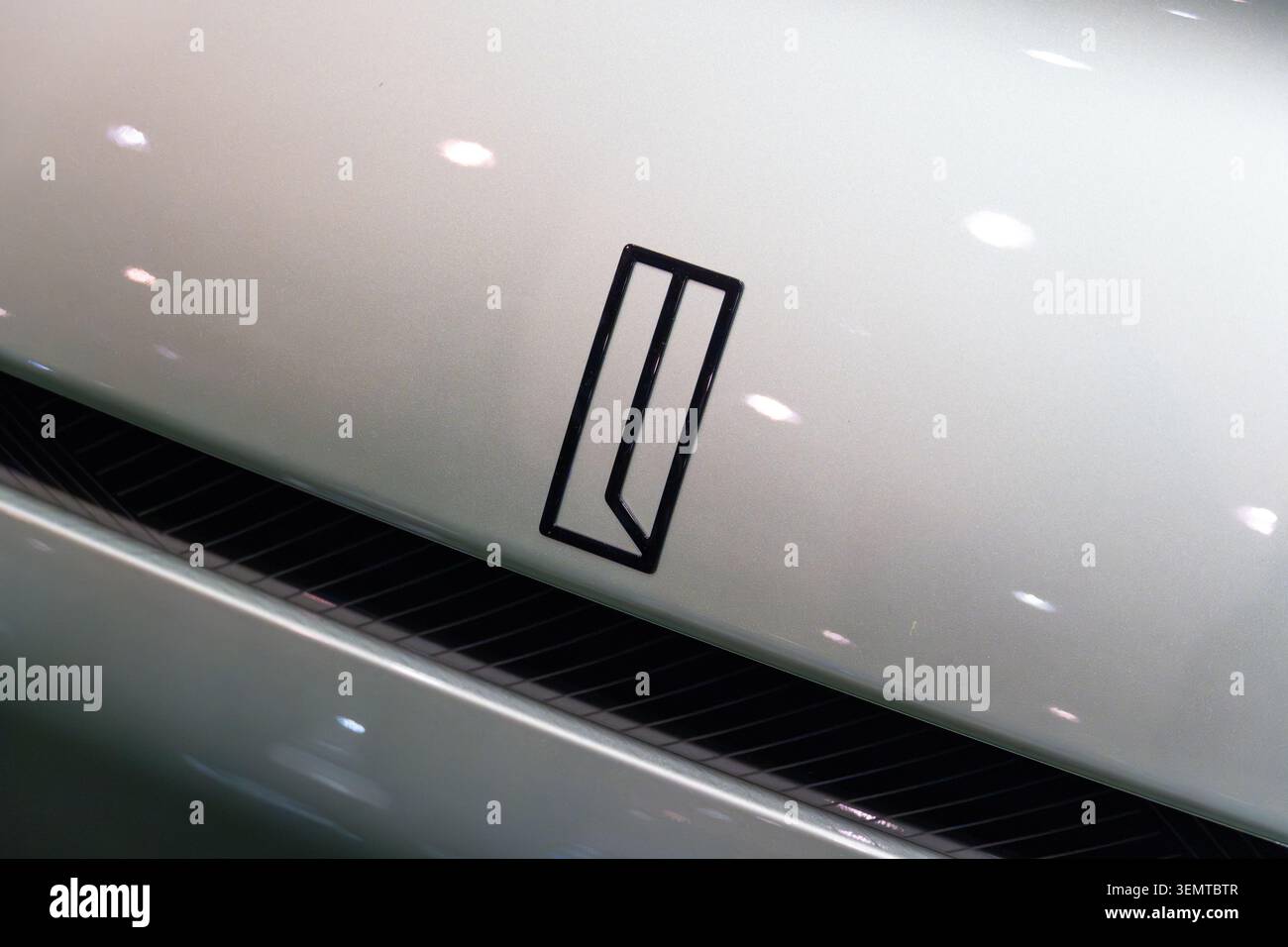 Primo piano con logo anteriore minimalista Link Tour EV nero all'ECAR Show 2026 Foto Stock