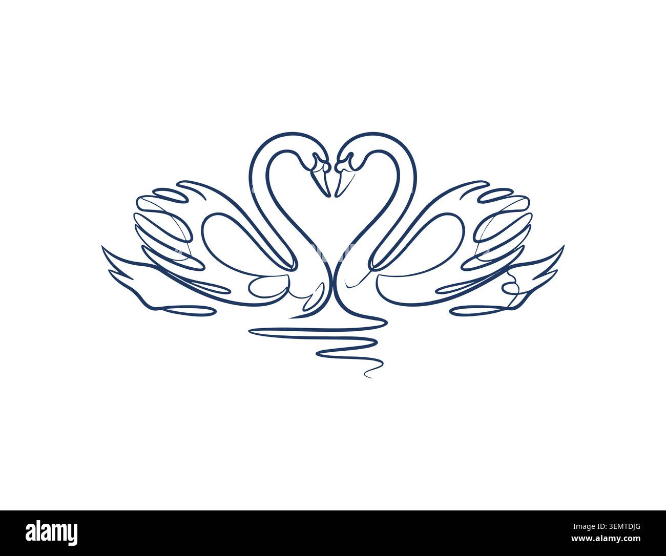 Un elegante disegno in linea di due cigni uno di fronte all'altro con colli che creano una forma a cuore Illustrazione Vettoriale