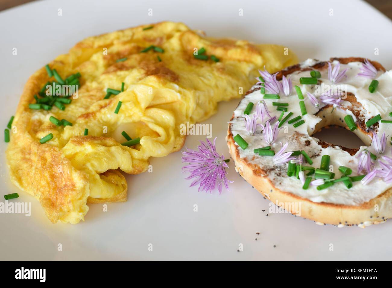 Primo piano di un piatto bianco con omelette e bagel ricoperti di formaggio spalmabile, guarniti con erba cipollina fresca e fiori di erba cipollina viola Foto Stock