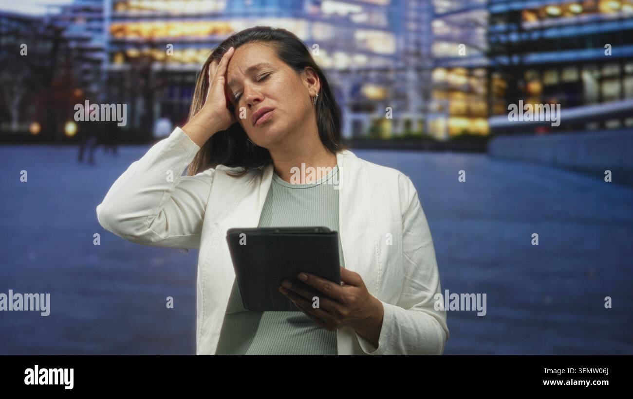 Donna che tiene un tablet tocca la testa mentre esegue la scansione dello schermo di fronte a un moderno edificio di uffici con finestre illuminate e ambientazione plaza, espresso incerto Foto Stock