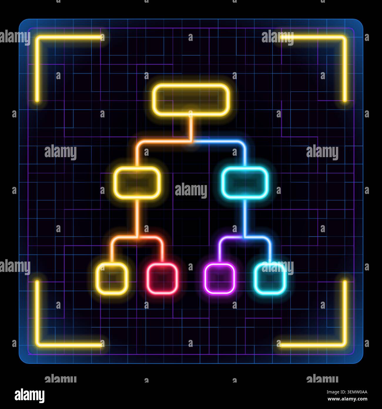 Icona astratta della chat del diagramma di pianificazione, staffa del torneo e struttura del concorso. Tecnologia futuristica illustrazione al neon brillante, tratti modificabili. Illustrazione Vettoriale