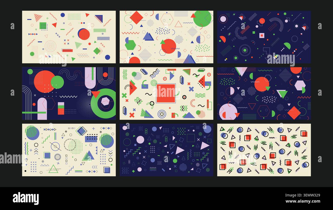 Un mix giocoso di forme geometriche retrò in tonalità audaci e pastello. Ideale per grafica tecnologica, progetti didattici, branding e design digitale astratto. Illustrazione Vettoriale
