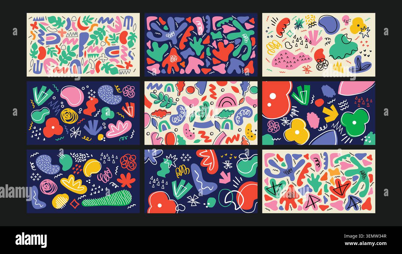 Un gioioso mix di scarabocchi a forma libera dai colori vivaci con forme carine, linee disegnate a mano e composizioni stravaganti. Perfetto per il branding, l'arredamento e la grafica creativa dei bambini. Illustrazione Vettoriale