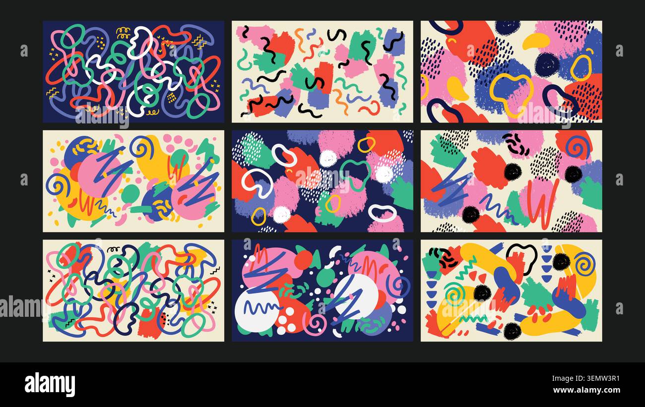 Vivaci scarabocchi astratti con giocosi scarabocchi, mazzette ed elementi disegnati a mano. Perfetto per immagini per bambini, branding artistico e composizioni grafiche energiche. Illustrazione Vettoriale