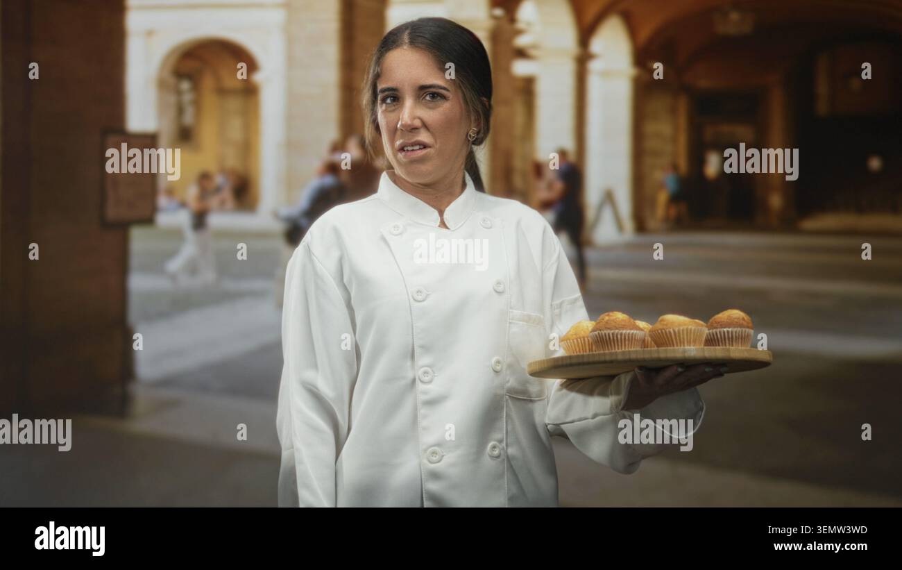 Chef donna che tiene in mano un vassoio di muffin in legno con la mano destra, che grida mentre presenta prodotti da forno in un edificio storico; ospitalità scomoda. Foto Stock