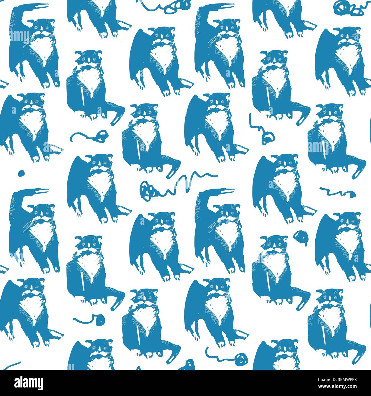 Motivo senza cuciture con gatti stilizzati disegnati a mano e divertenti scarabocchi su sfondo bianco Foto Stock
